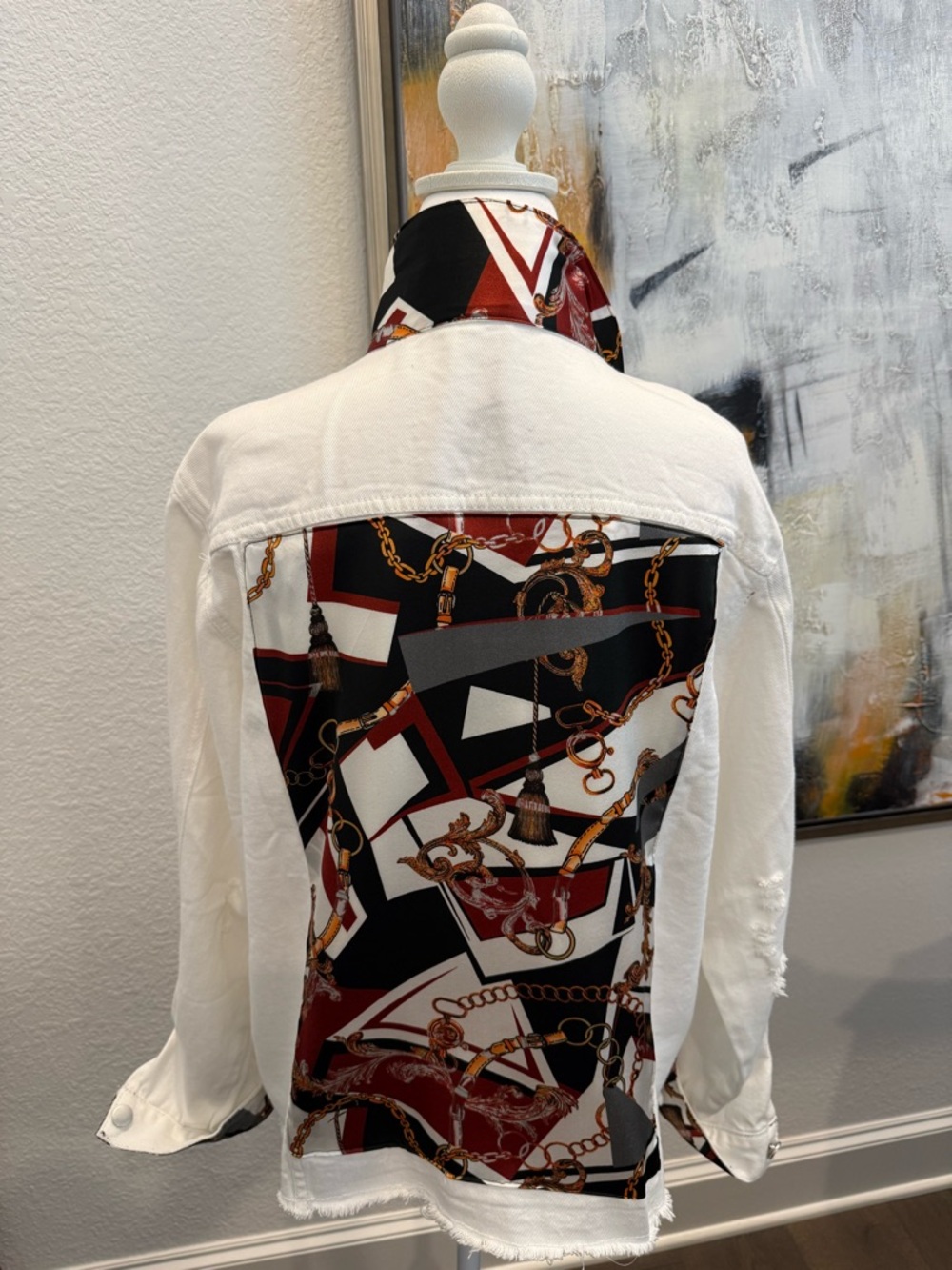 White Denim Jacket with Black & Burgundy Scarf-Print Back Panel, XXL